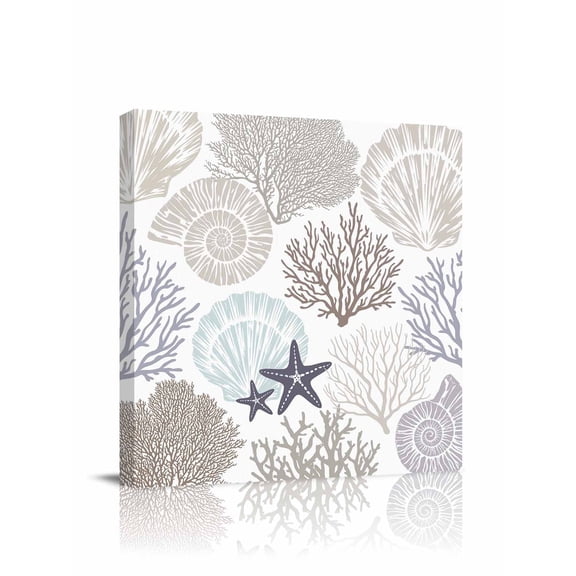 Canvas Print Wall Art Coastal Ocean Starfish Shell Coral Modern Art Framed Canvas Art Wall Decor Pictures Painting Morden Artwork for Living Room Bedroom, Ready to Hang, 28"x28"