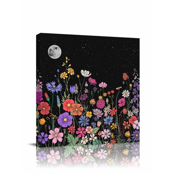 Canvas Print Wall Art Colorful Flower Farmhouse Country Garden Moon Night Framed Canvas Art Wall Decor Pictures Painting Morden Artwork for Living Room Bedroom, Ready to Hang, 24"x24"