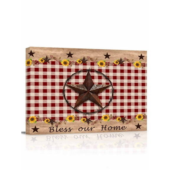 Canvas Print Wall Art Country Star Sunflower Texas Star Vintage Red Plaid Framed Canvas Art Wall Decor Pictures Painting Morden Artwork for Living Room Bedroom, Ready to Hang - 12"x16"