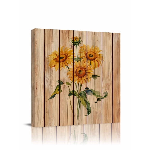 Canvas Print Wall Art Country Sunflowers Vintage Wood Grain Texture Farmhouse Framed Canvas Art Wall Decor Pictures Painting Morden Artwork for Living Room Bedroom, Ready to Hang, 28"x28"