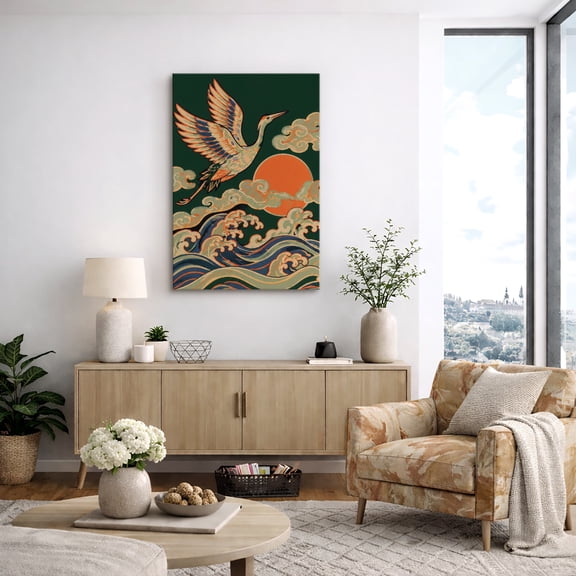 Canvas Print Wall Art Crane Flying over Waves with Sun Print Traditional Asian Artwork For Living Room Decor - 32"x48"