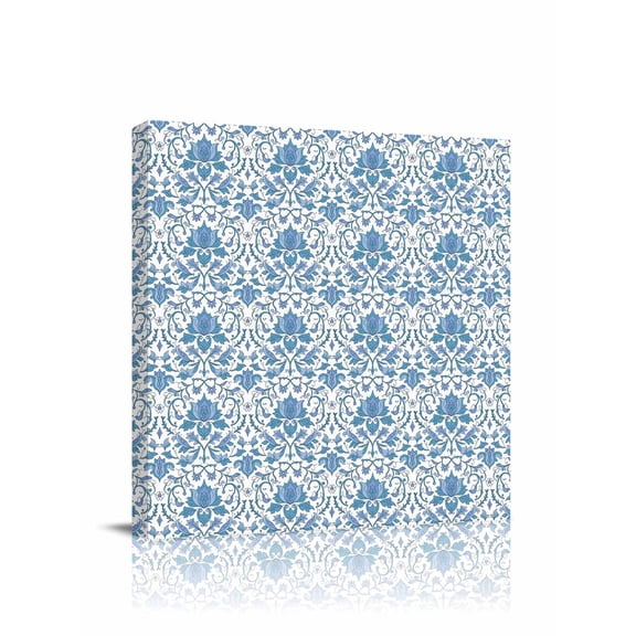 Canvas Print Wall Art Ethnic Style Retro Medieval Blue Flower Framed Canvas Art Wall Decor Pictures Painting Morden Artwork for Living Room Bedroom, Ready to Hang, 24"x24"