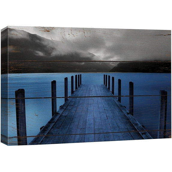 Canvas Print Wall Art Evening on Black & Blue Grayscale Beach Pier Nature Wilderness Digital Art Realism Chic Colorful Multicolor Ultra for Living Room, Bedroom, Office - 12"x18"