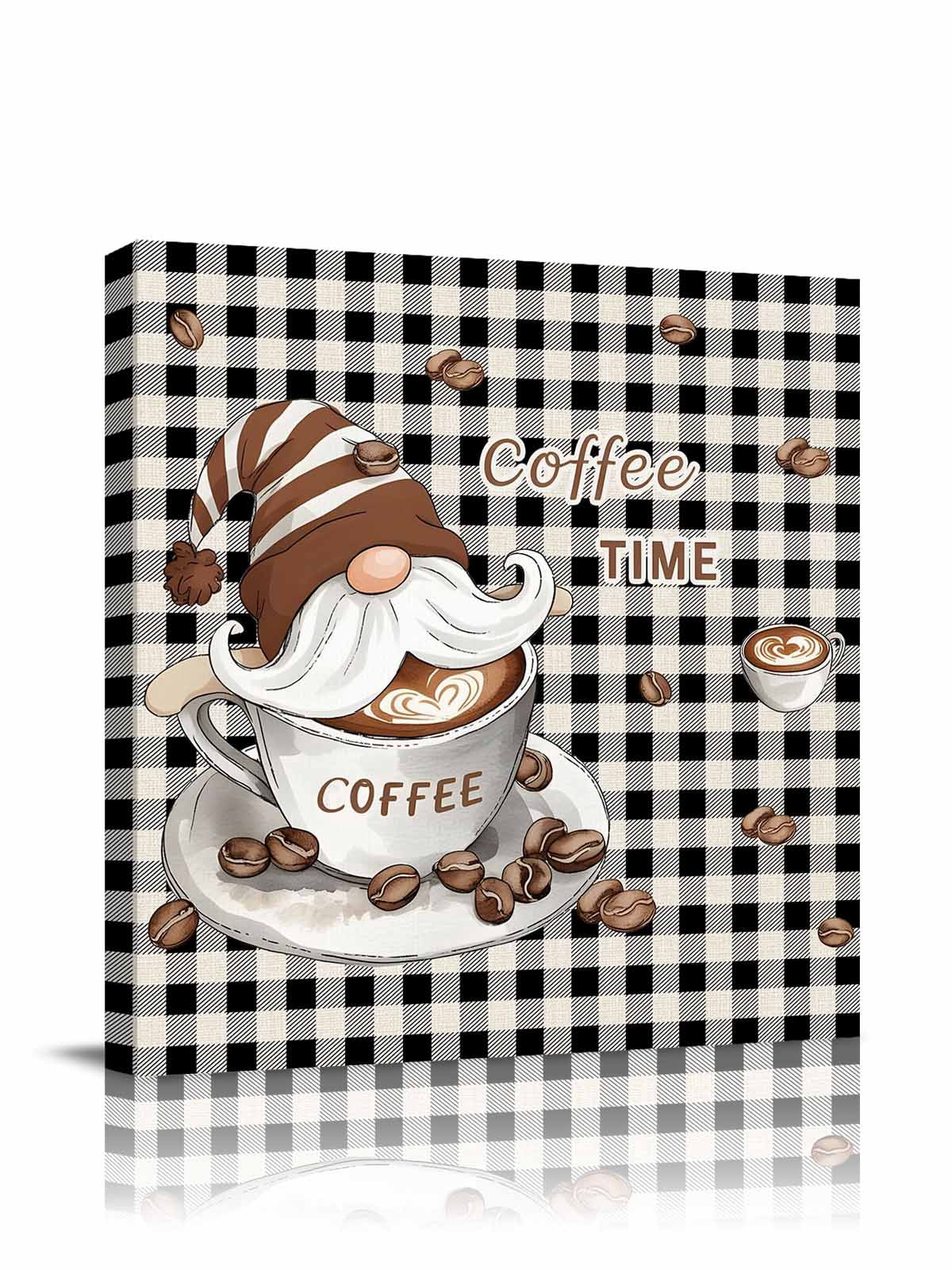 Canvas Print Wall Art Farmhouse Coffee Time Brown Gnome Black Buffalo Plaid Framed Canvas Art Wall Decor Pictures Painting Morden Artwork for Living Room Bedroom, Ready to Hang, 8"x8"