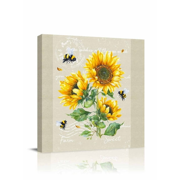 Canvas Print Wall Art Farmhouse Floral Sunflowers Bee Vintage Linen Background Framed Canvas Art Wall Decor Pictures Painting Morden Artwork for Living Room Bedroom, Ready to Hang, 24"x24"