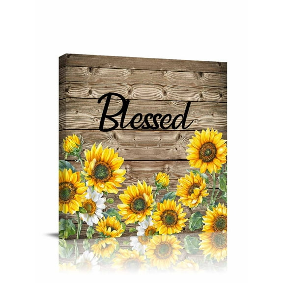 Canvas Print Wall Art Farmhouse Sunflower Blessed Country Vintage Brown Wood Grain Framed Canvas Art Wall Decor Pictures Painting Morden Artwork for Living Room Bedroom, Ready to Hang, 12"x12"
