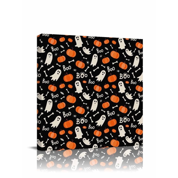 Canvas Print Wall Art Halloween Pumpkin Fall Ghost Boo Cartoon Bones Vintage Framed Canvas Art Wall Decor Pictures Painting Morden Artwork for Living Room Bedroom, Ready to Hang, 24"x24"