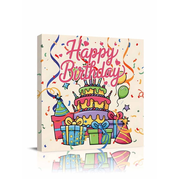 Canvas Print Wall Art Happy Birthday Cake Gift Ribbon Balloon Modern Style Framed Canvas Art Wall Decor Pictures Painting Morden Artwork for Living Room Bedroom, Ready to Hang, 28"x28"
