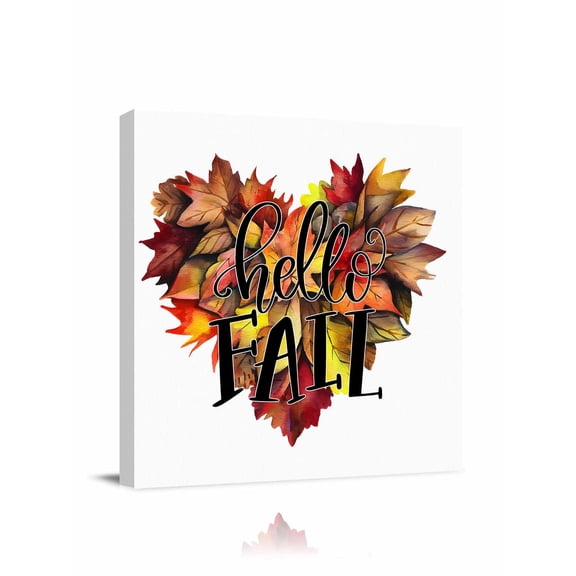 Canvas Print Wall Art Hello Fall Maple Leaf Love Heart Watercolor Ginkgo Framed Canvas Art Wall Decor Pictures Painting Morden Artwork for Living Room Bedroom, Ready to Hang, 24"x24"