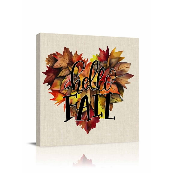 Canvas Print Wall Art Hello Fall Maple Leaf Love Heart Watercolor Retro Ginkgo Framed Canvas Art Wall Decor Pictures Painting Morden Artwork for Living Room Bedroom, Ready to Hang, 28"x28"