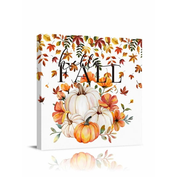 Canvas Print Wall Art Hello Fall White Orange Pumpkin Fallen Leaves Thanksgiving Framed Canvas Art Wall Decor Pictures Painting Morden Artwork for Living Room Bedroom, Ready to Hang, 24"x24"