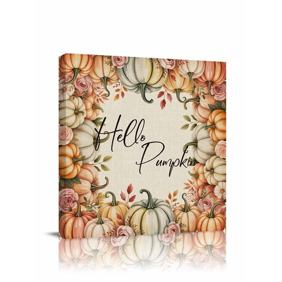 Canvas Print Wall Art Hello Pumpkin Pink Rose Fall Thanksgiving Retro Linen Framed Canvas Art Wall Decor Pictures Painting Morden Artwork for Living Room Bedroom, Ready to Hang, 16"x16"
