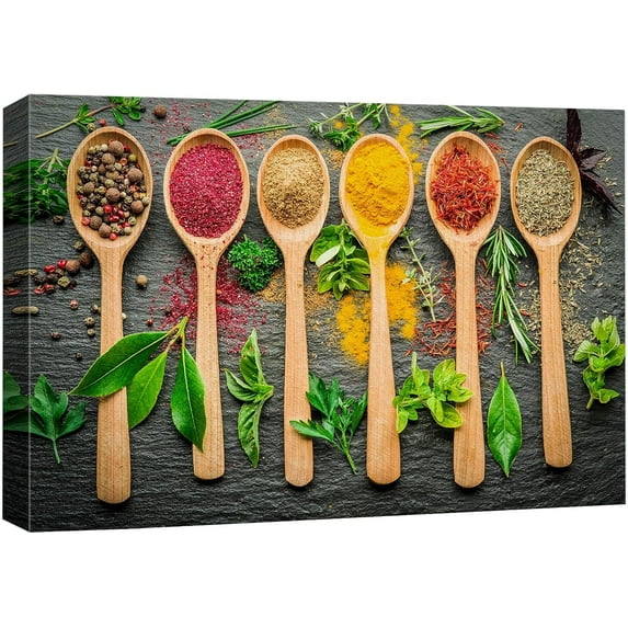 Canvas Print Wall Art Herbs and Spice in Spoons Kitchen & Cooking Food Photography Modern Art Realism Decorative Scenic Colorful Relax/Cozy/Zen for Living Room, Bedroom, Office - 12"x18"