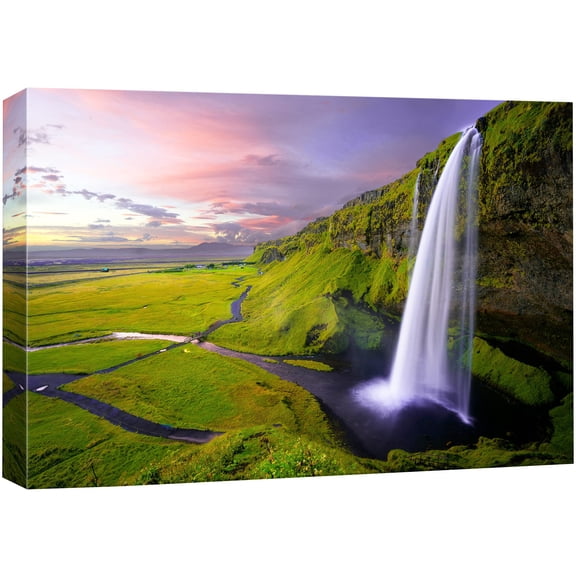 Canvas Print Wall Art, Iceland Seljalandsfoss Waterfall at Sunset, Green Grassland & Colorful Sky, Nature Wilderness Landscape Photography, Rustic Scenery Canvas Artwork for Living Room Bedroom