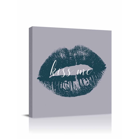 Canvas Print Wall Art Kiss Me Text Lipprint Purple Blue Retro Abstract Framed Canvas Art Wall Decor Pictures Painting Morden Artwork for Living Room Bedroom, Ready to Hang, 28"x28"
