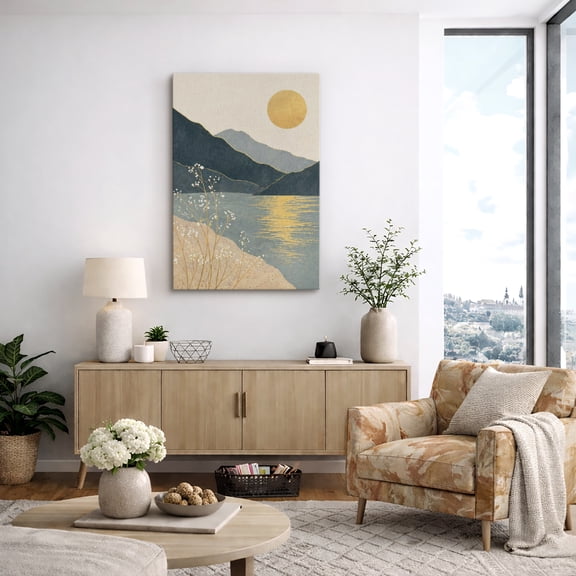 Canvas Print Wall Art Lake with Mountains under Gold Sun Print Minimalist Landscape Artwork For Living Room Decor - 32"x48"