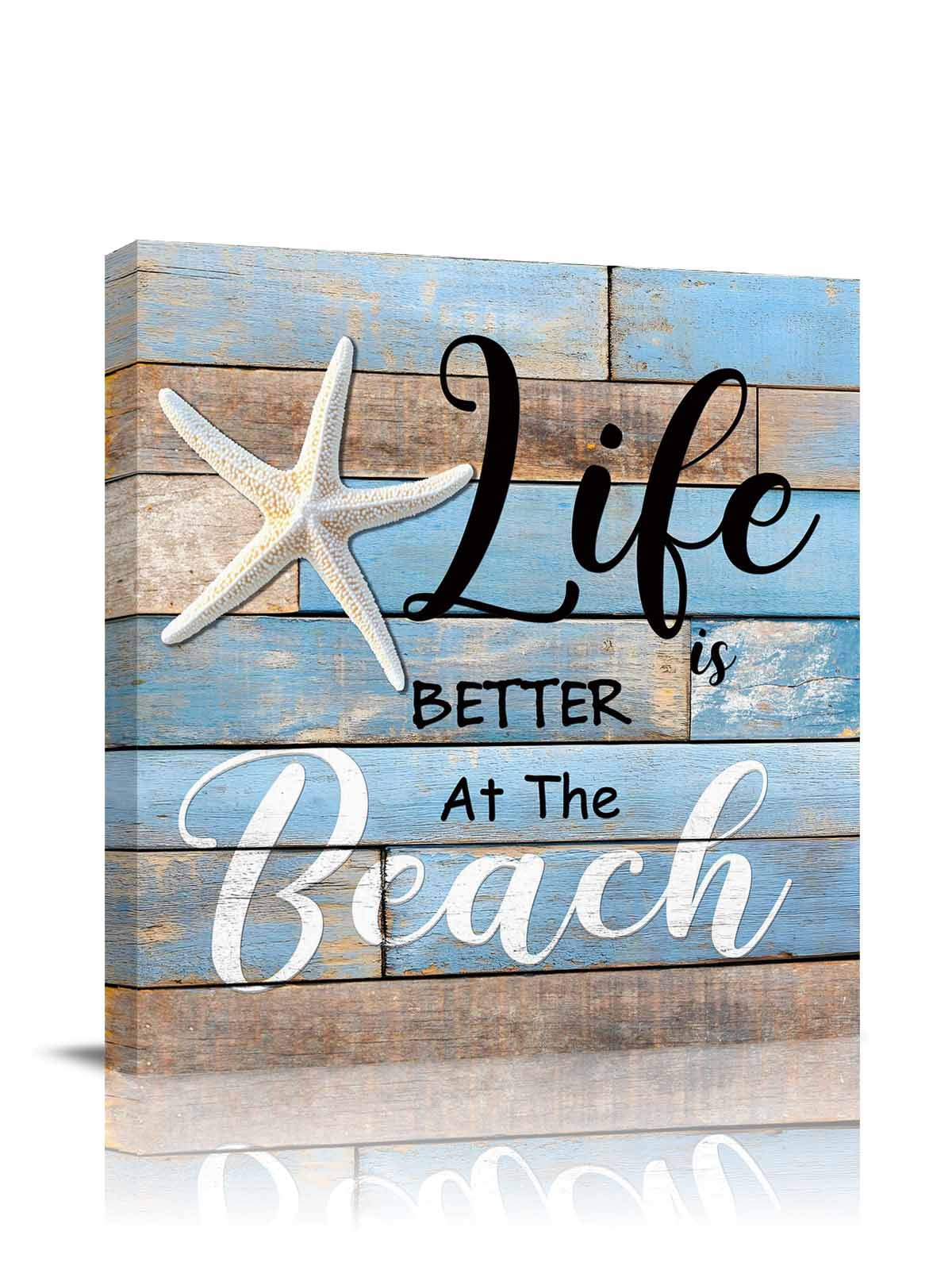 Canvas Print Wall Art Life Is Better at The Beach Summer Starfish Blue Wood Grain Framed Canvas Art Wall Decor Pictures Painting Morden Artwork for Living Room Bedroom, Ready to Hang, 12"x12"