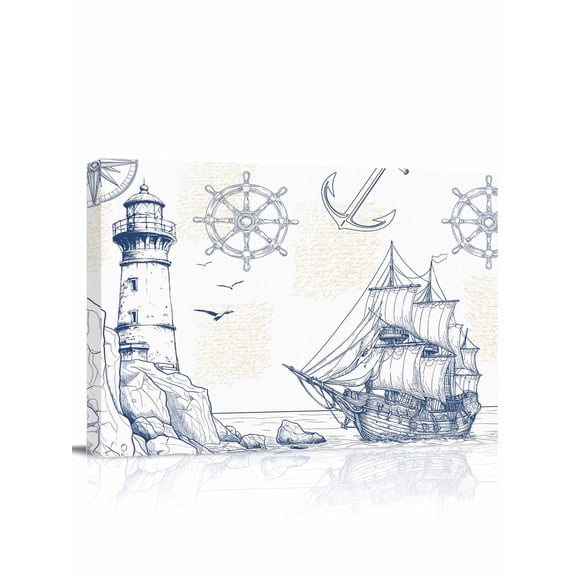 Canvas Print Wall Art Lighthouse Sailboat Seagull Nautical Ship Ocean Blue Sketch Framed Canvas Art Wall Decor Pictures Painting Morden Artwork for Living Room Bedroom, Ready to Hang - 12"x16"