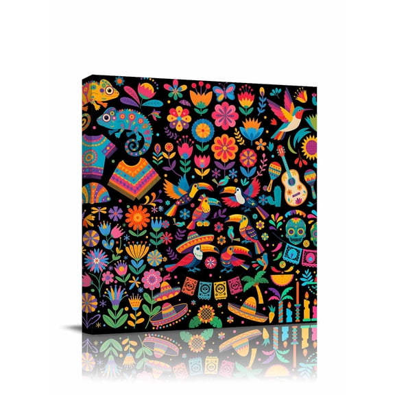 Canvas Print Wall Art Mexican Texture Watercolor Parrot Guitar Floral Framed Canvas Art Wall Decor Pictures Painting Morden Artwork for Living Room Bedroom, Ready to Hang, 28"x28"