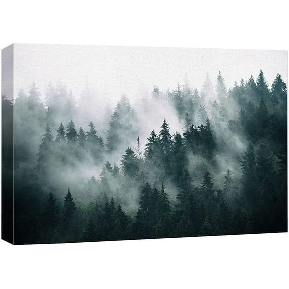 Canvas Print Wall Art Misty and Fog Over Dark Mountain Forest Wilderness Nature Photography Modern Art Rustic Landscape Colorful for Living Room, Bedroom, Office - 12"x18"