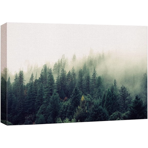 Canvas Print Wall Art Misty Green Forest Pine Trees in Sunlight Nature Wilderness Photography Modern Art Rustic Scenic Colorful Multicolor for Living Room, Bedroom, Office - 12"x18"