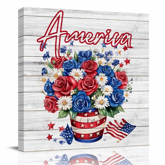 Canvas Print Wall Art Oil Paintings 4th of July American Patriotic Flower on White Wood Picture Prints Artwork for Living Room Kitchen Bathroom Bedroom,Stretched and Framed Ready to Hang,USA Flag