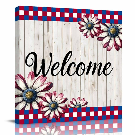 Canvas Print Wall Art Oil Paintings 4th of July Daisy Flower White Wood Picture Prints Artwork for Living Room Kitchen Bathroom Bedroom,Stretched and Framed Ready to Hang,Summer Floral Red Blue Grid