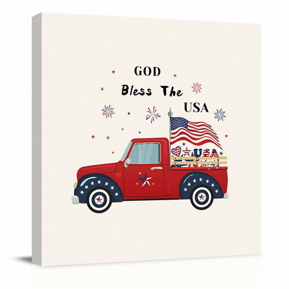 Canvas Print Wall Art Oil Paintings 4th of July Red Truck American National Flag Picture Prints Artwork for Living Room Kitchen Bathroom Bedroom,Stretched and Framed Ready to Hang,Rustic Firework