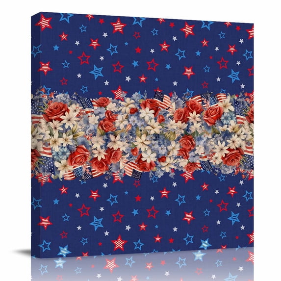 Canvas Print Wall Art Oil Paintings 4th of July Watercolor Blossom Flower Picture Prints Artwork for Living Room Kitchen Bathroom,Stretched and Framed Ready to Hang,USA Flag Patriotic Star on Blue