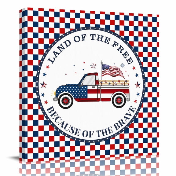 Canvas Print Wall Art Oil Paintings American Flag Day Car Free Quote Picture Prints Artwork for Living Room Kitchen Bathroom Bedroom,Stretched and Framed Ready to Hang,Red Blue White Lattice Buffalo