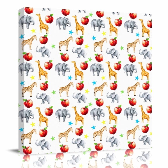 Canvas Print Wall Art Oil Paintings Cartoon Giraffe Elephant Apples Picture Prints Artwork for Living Room Kitchen Bathroom Bedroom,Stretched and Framed Ready to Hang,Childlike Animals Star on White