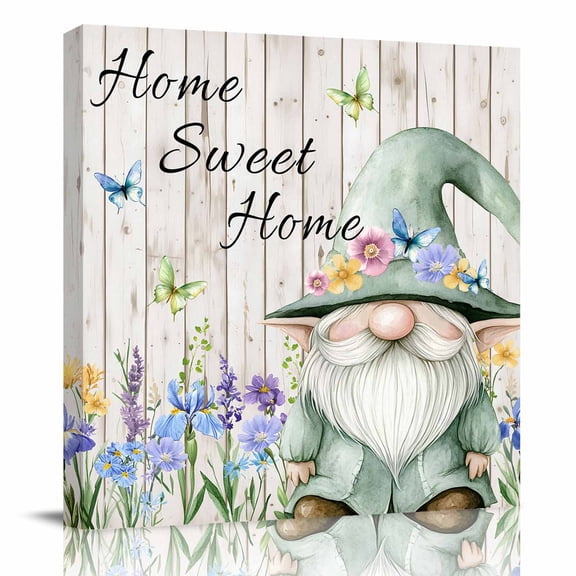 Canvas Print Wall Art Oil Paintings Gnome Flowers Butterfly on Wood Picture Prints Artwork for Living Room Kitchen Bathroom Bedroom,Stretched and Framed Ready to Hang,Retro Watercolor Pastoral Theme
