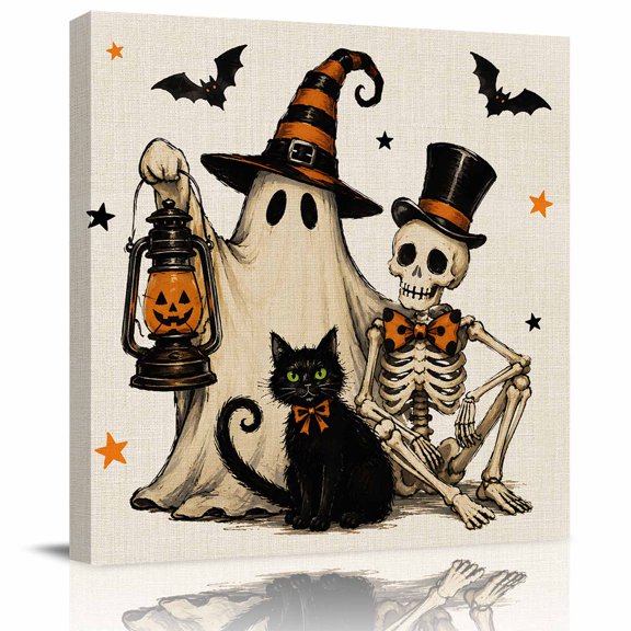 Canvas Print Wall Art Oil Paintings Halloween Skeleton Ghost Black Cat Picture Prints Artwork for Living Room Kitchen Bathroom Bedroom