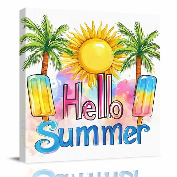 Canvas Print Wall Art Oil Paintings Hello Summer Text Sun Palm Tree Picture Prints Artwork for Living Room Kitchen Bathroom Bedroom,Stretched and Framed Ready to Hang,Colorful Ocean Seaside Theme