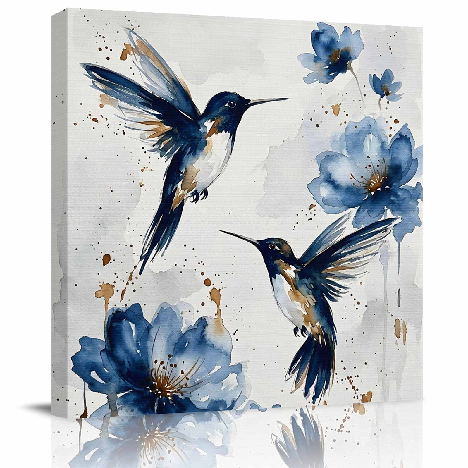 Flower Gradent Canvas Print Wall Art Oil Paintings Hummingbird Bird Blue Flower ...