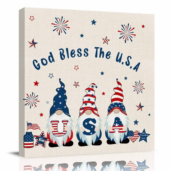 Canvas Print Wall Art Oil Paintings Independence Day Patriotic USA Flag Picture Prints Artwork for Living Room Kitchen Bathroom Bedroom,Stretched and Framed Ready to Hang,Gnomes Star on Cotton Burlap
