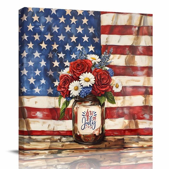 Canvas Print Wall Art Oil Paintings Independence Day Star and Stripe Picture Prints Artwork for Living Room Kitchen Bathroom Bedroom,Stretched and Framed Ready to Hang,Rose Daisy Flower Retro Flag