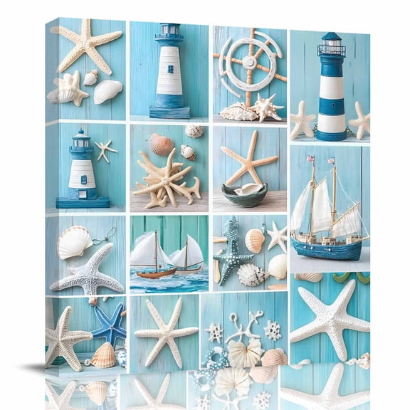 Canvas Print Wall Art Oil Paintings Nautical Lighthouse Rudder Starfish Picture Prints Artwork for Living Room Kitchen Bathroom Bedroom,Stretched and Framed Ready to Hang,Marine Life Shell Blue Wood
