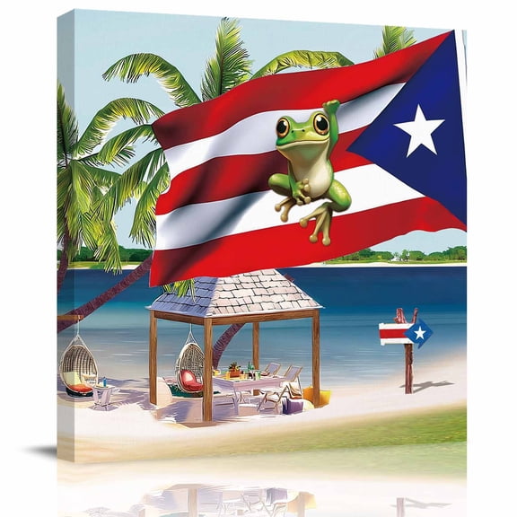 Canvas Print Wall Art Oil Paintings Puerto Rico Flag Frog Coconut Trees Picture Prints Artwork for Living Room Kitchen Bathroom Bedroom