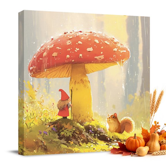 Canvas Print Wall Art Oil Paintings Red Mushroom Cute Gnome Squirrel Picture Prints Artwork for Living Room Kitchen Bathroom Bedroom