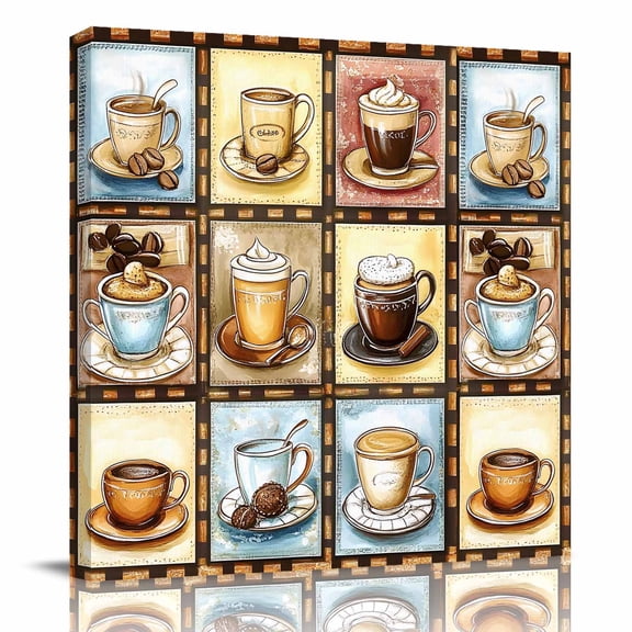 Canvas Print Wall Art Oil Paintings Retro Coffee Theme Stitching Art Picture Prints Artwork for Living Room Kitchen Bathroom Bedroom,Stretched and Framed Ready to Hang,Farm Cups Cappuccino Beans