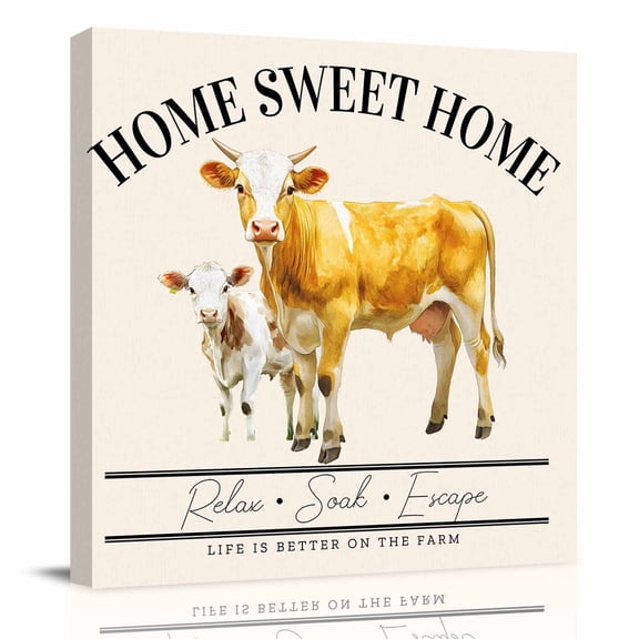 Canvas Print Wall Art Oil Paintings Rustic Country Cow Sweet Home Quote Picture Prints Artwork for Living Room Kitchen Bathroom Bedroom,Stretched and Framed Ready to Hang,Farmhouse Animal Art