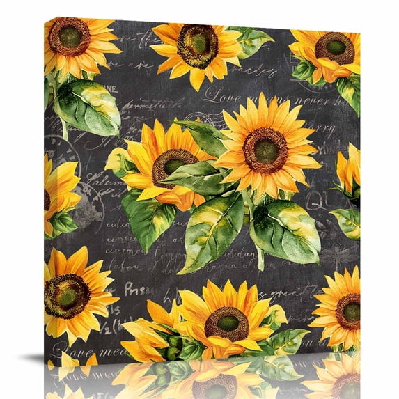 Canvas Print Wall Art Oil Paintings Summer Blooming Sunflower Leaf Picture Prints Artwork for Living Room Kitchen Bathroom Bedroom,Stretched and Framed Ready to Hang,Floral on Vintage Black