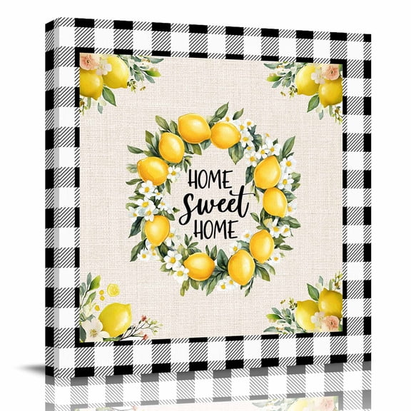 Canvas Print Wall Art Oil Paintings Summer Lemon Floral on Linen Picture Prints Artwork for Living Room Kitchen Bathroom Bedroom,Stretched and Framed Ready to Hang,Vintage Black White Buffalo Plaid