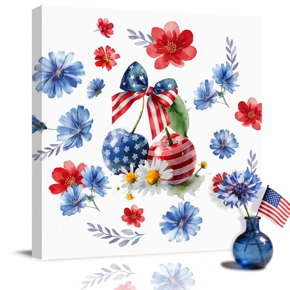 Canvas Print Wall Art Oil Paintings USA Flag Cherries with Bow Picture Prints Artwork for Living Room Kitchen Bathroom Bedroom