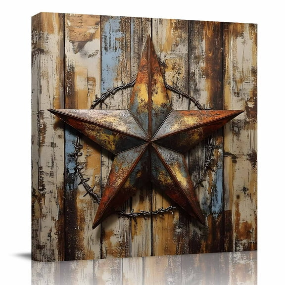 Canvas Print Wall Art Oil Paintings Vintage Country Star on Wood Picture Prints Artwork for Living Room Kitchen Bathroom Bedroom,Stretched and Framed Ready to Hang,Independence Day Western Stars