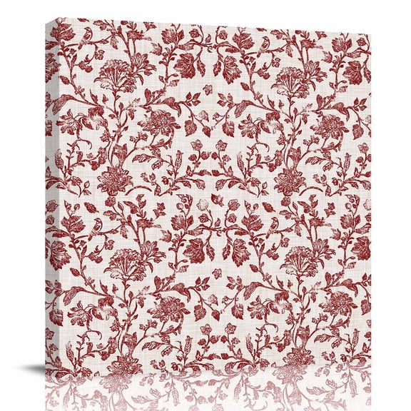 Canvas Print Wall Art Oil Paintings Vintage Rustic Red Flower on Linen Picture Prints Artwork for Living Room Kitchen Bathroom Bedroom,Stretched and Framed Ready to Hang,Farm Floral Plant Pattern