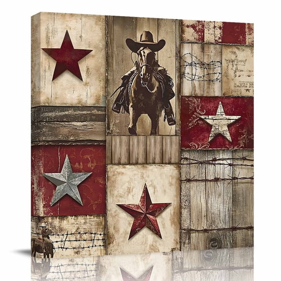 Canvas Print Wall Art Oil Paintings Vintage Texas Western Country Star Picture Prints Artwork for Living Room Kitchen Bathroom Bedroom,Stretched and Framed Ready to Hang,Cowboy Horse Wooden Plank