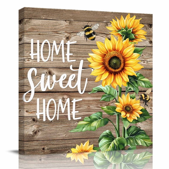 Canvas Print Wall Art Oil Paintings Watercolor Sunflower Bee on Wood Picture Prints Artwork for Living Room Kitchen Bathroom Bedroom,Stretched and Framed Ready to Hang,Home Quote Brown Wooden