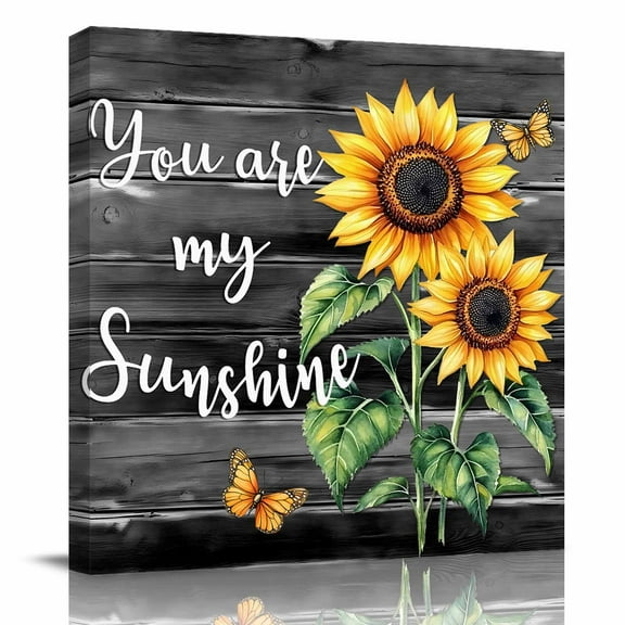 Canvas Print Wall Art Oil Paintings Watercolor Sunflower Butterfly Picture Prints Artwork for Living Room Kitchen Bathroom Bedroom,Stretched and Framed Ready to Hang,Sunshine Quote Black Wooden
